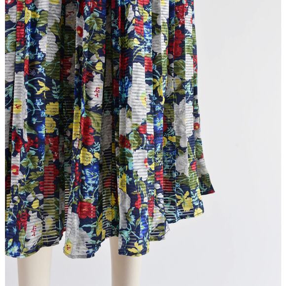 Vintage 80s Blue Floral Ruffle Neck Balloon Sleeve Pleated Midi Dress size S M - Picture 5 of 9